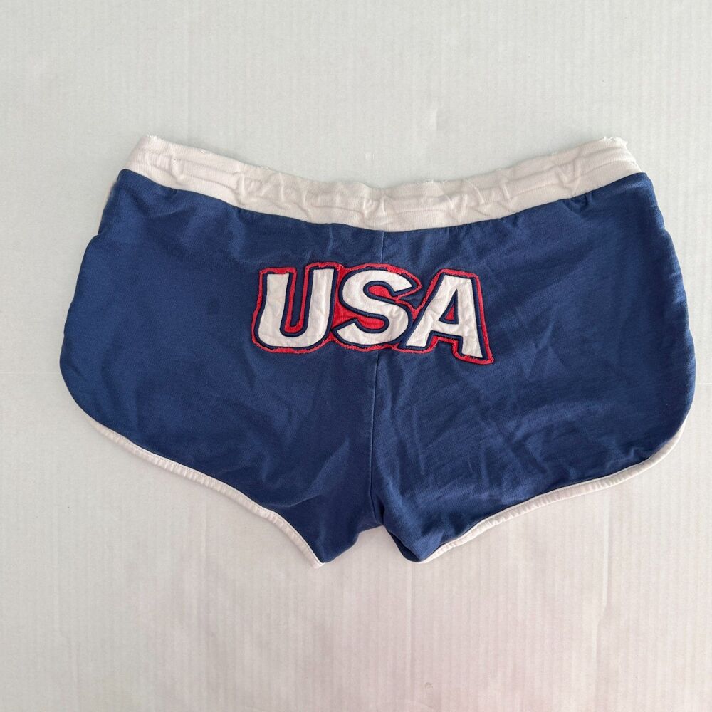 Vtg Y2K Speedo Team U.S.A Curved Hem Dolphin Low Rise Distressed Shorts, L Navy